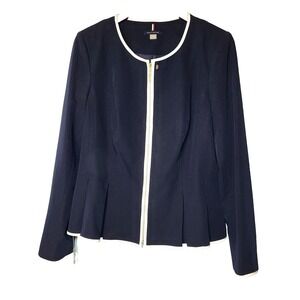 Tommy Hilfiger Navy Peplum Front Zip Blazer Contrast White Trim Size 12 Classic